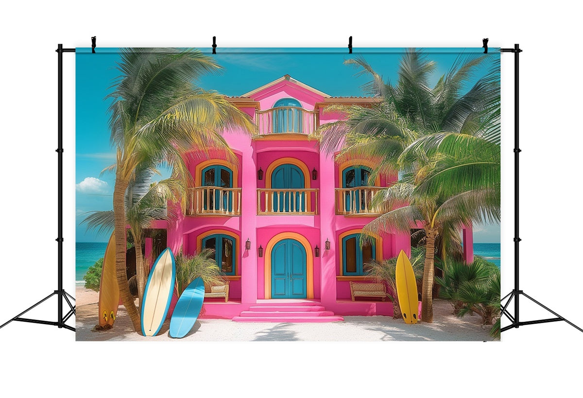 Summer Photo Backdrop Pink Beach House Palm Backdrop UK GTY3-283