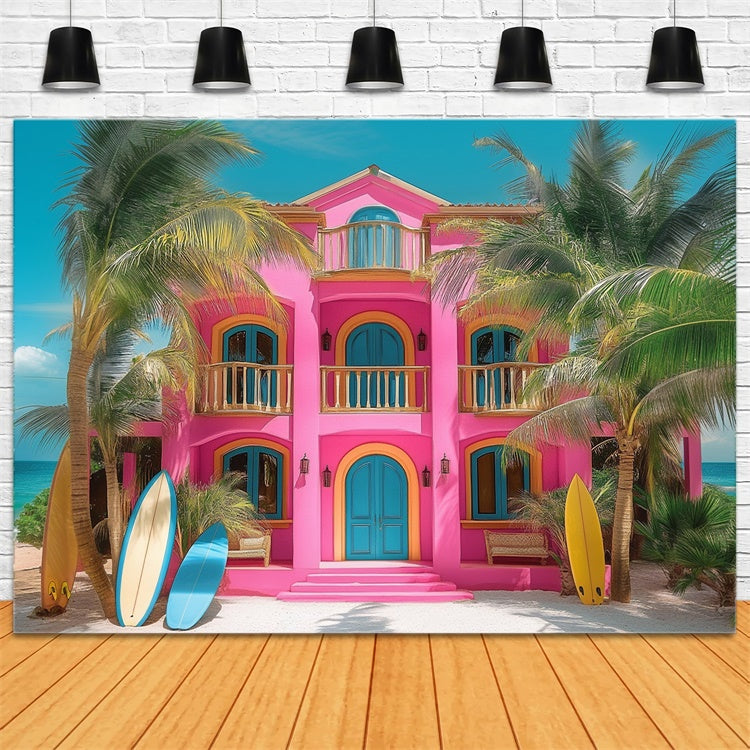 Summer Photo Backdrop Pink Beach House Palm Backdrop UK GTY3-283