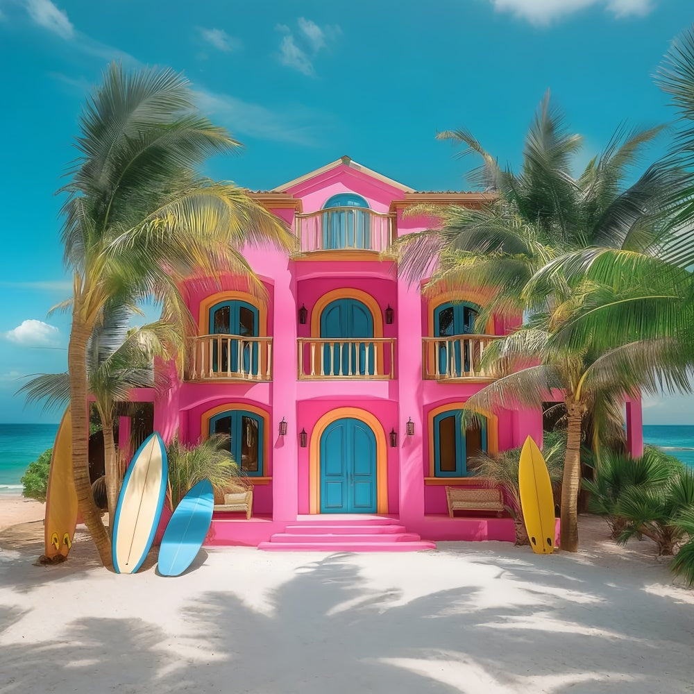 Summer Photo Backdrop Pink Beach House Palm Backdrop UK GTY3-283