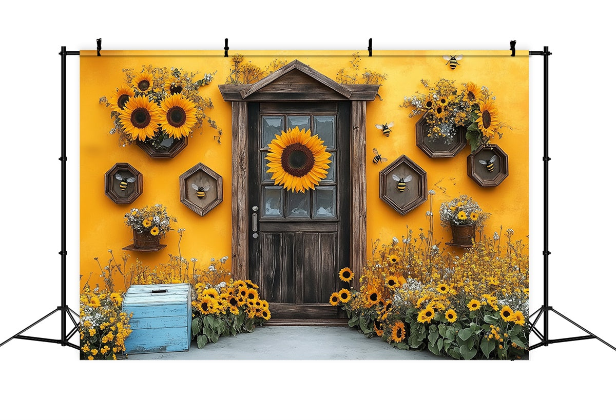 Sunflower Photo Backdrop Sunflower Wooden Door Summer Backdrop UK GTY3-284