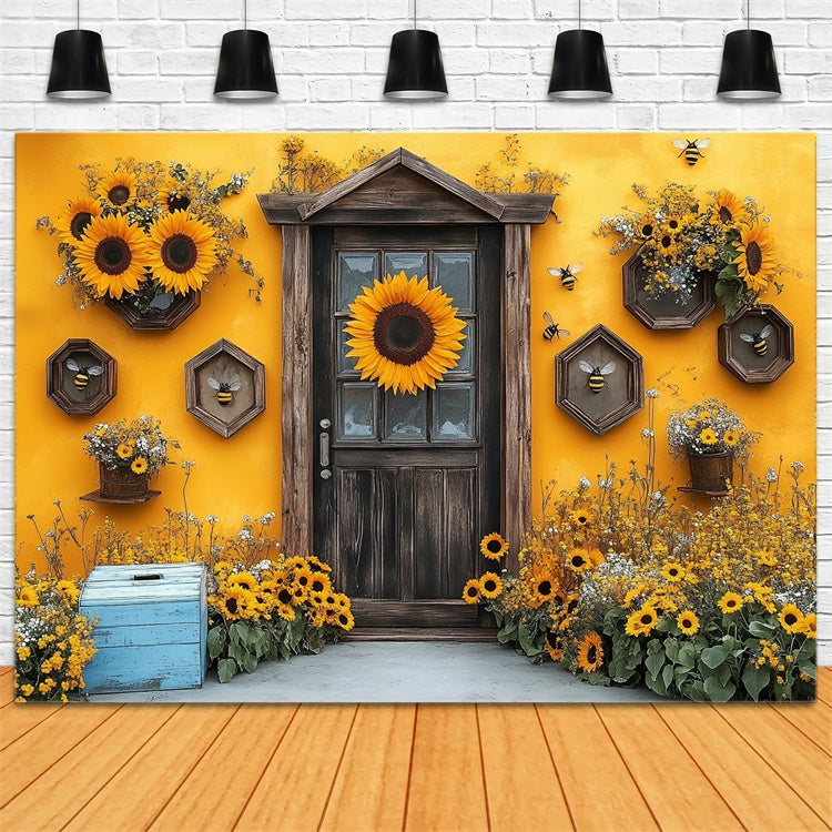 Sunflower Photo Backdrop Sunflower Wooden Door Summer Backdrop UK GTY3-284