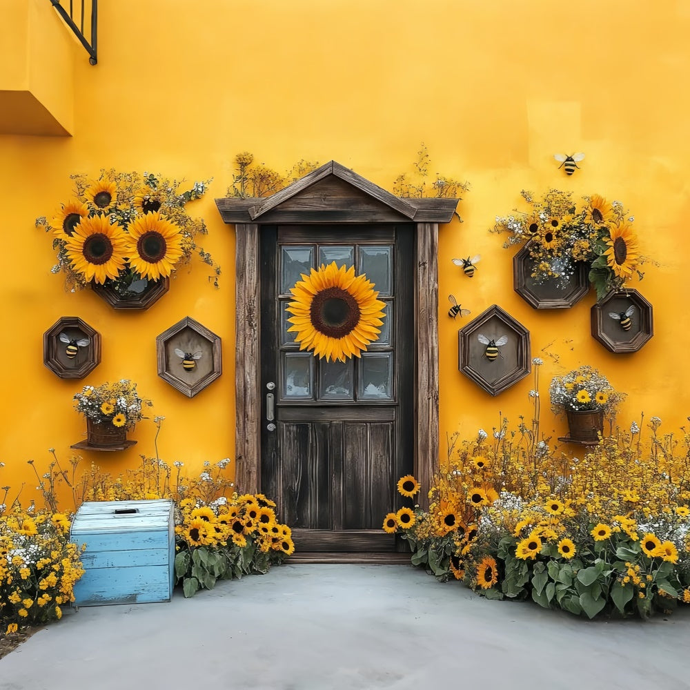 Sunflower Photo Backdrop Sunflower Wooden Door Summer Backdrop UK GTY3-284