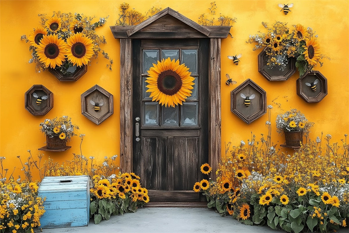 Sunflower Photo Backdrop Sunflower Wooden Door Summer Backdrop UK GTY3-284