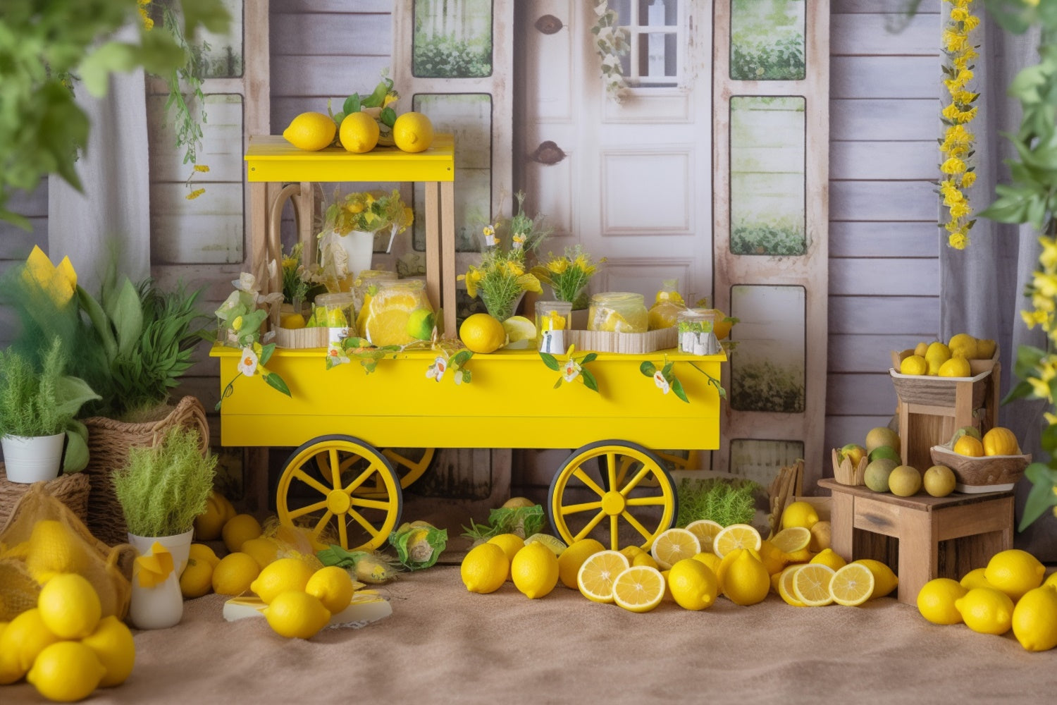 Lemon Backdrop Yellow Lemon Cart Country Summer Backdrop UK GTY3-285