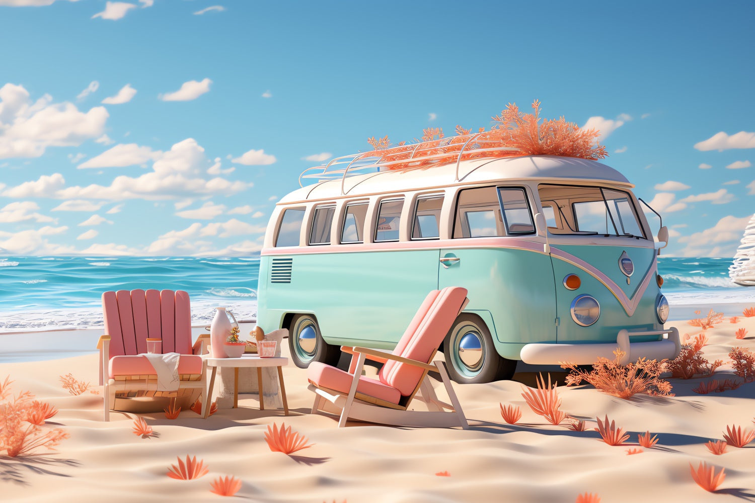 Photo Backdrop Beach Retro Beach Camper Van Summer Backdrop UK GTY3-286