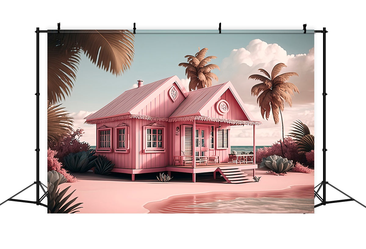 Pink Beach Backdrop Pink Cottage Palm Tree Summer Backdrop UK GTY3-291