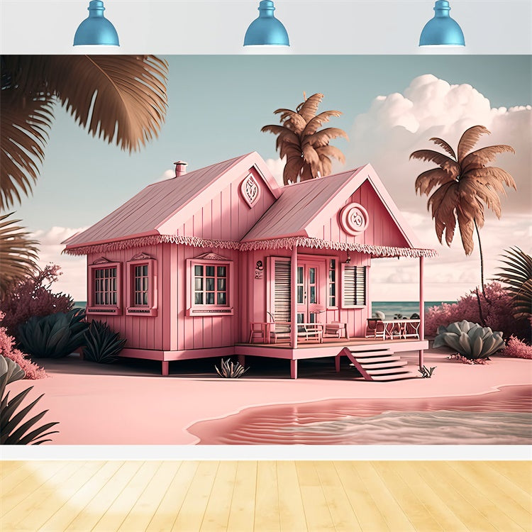 Pink Beach Backdrop Pink Cottage Palm Tree Summer Backdrop UK GTY3-291
