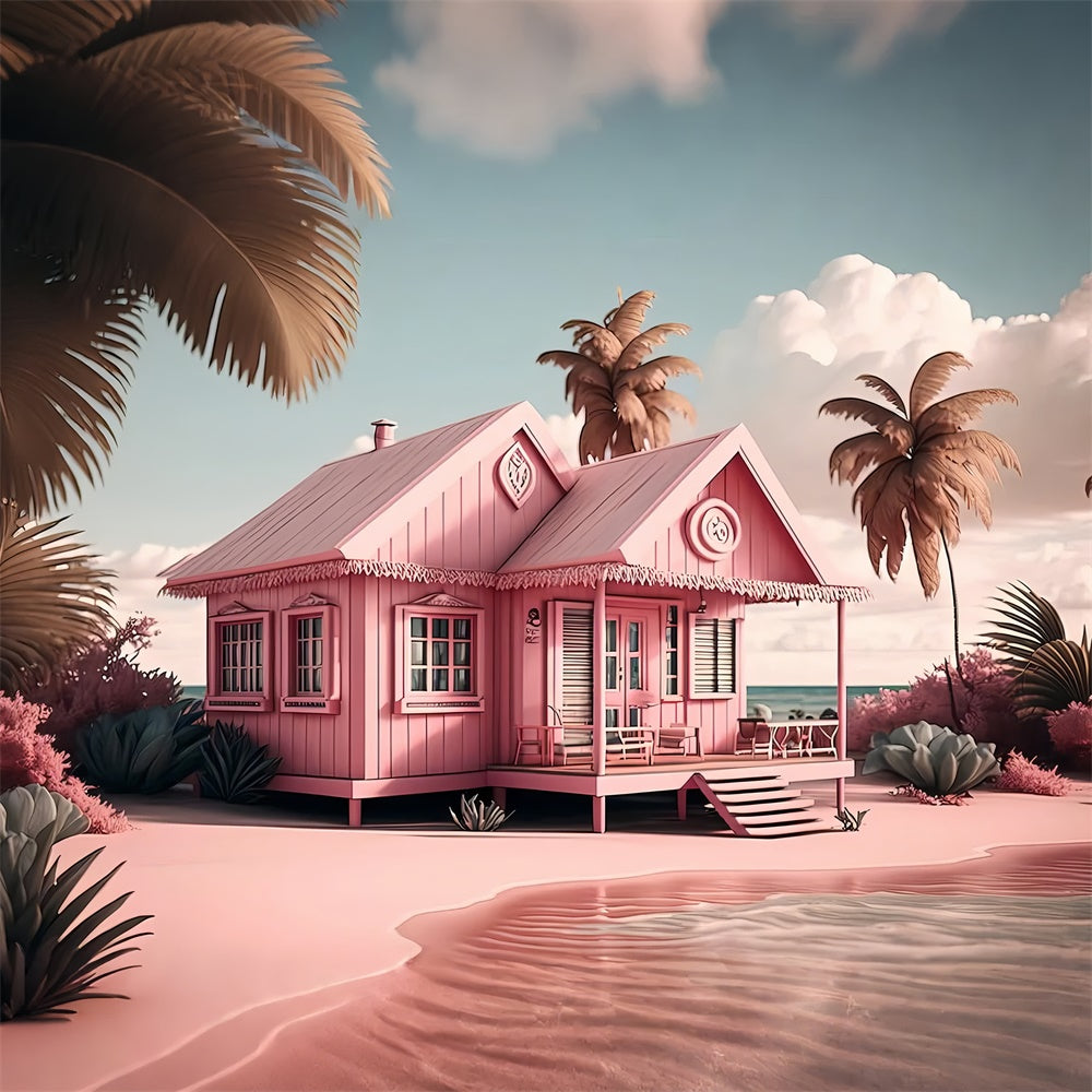 Pink Beach Backdrop Pink Cottage Palm Tree Summer Backdrop UK GTY3-291