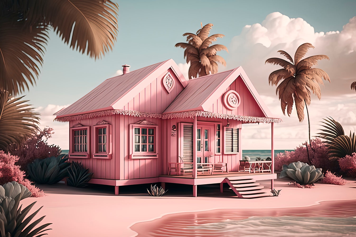 Pink Beach Backdrop Pink Cottage Palm Tree Summer Backdrop UK GTY3-291