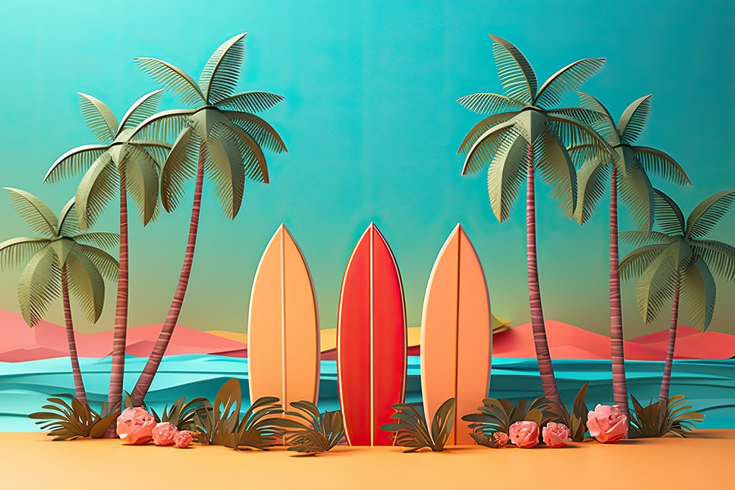 Beach Backdrop Colorful Surfboards Sunset Summer Backdrop UK GTY3-292