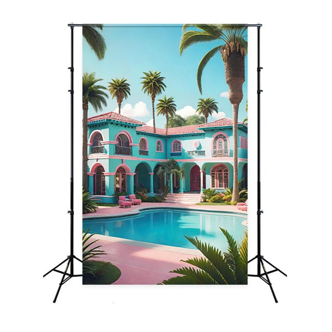 Summer Photo Backdrop Villa Palm Tree Pool Backdrop UK GTY3-297