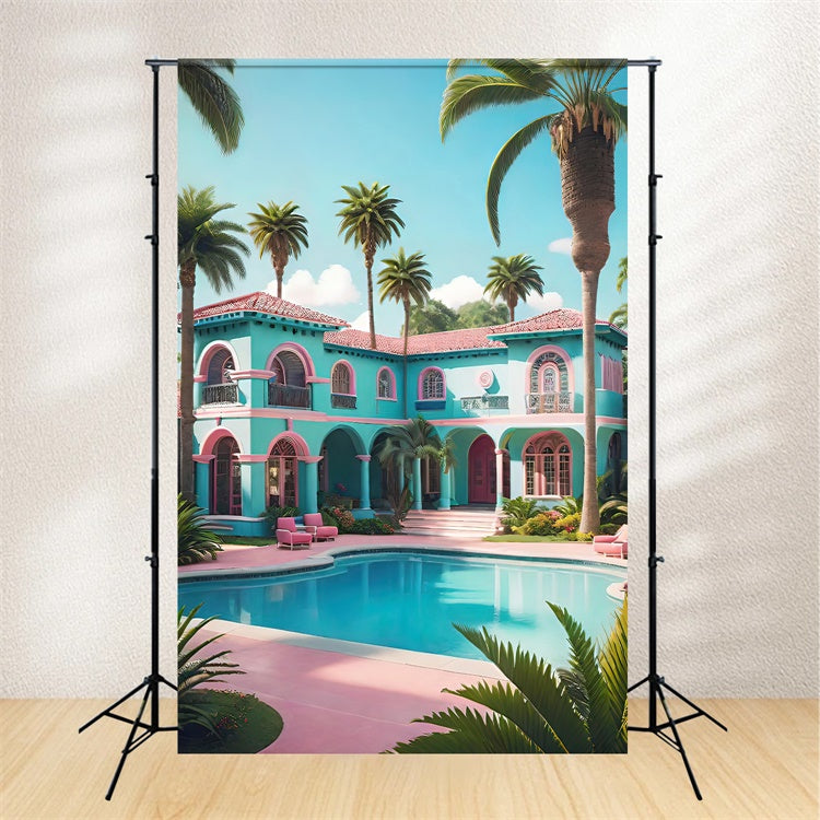 Summer Photo Backdrop Villa Palm Tree Pool Backdrop UK GTY3-297