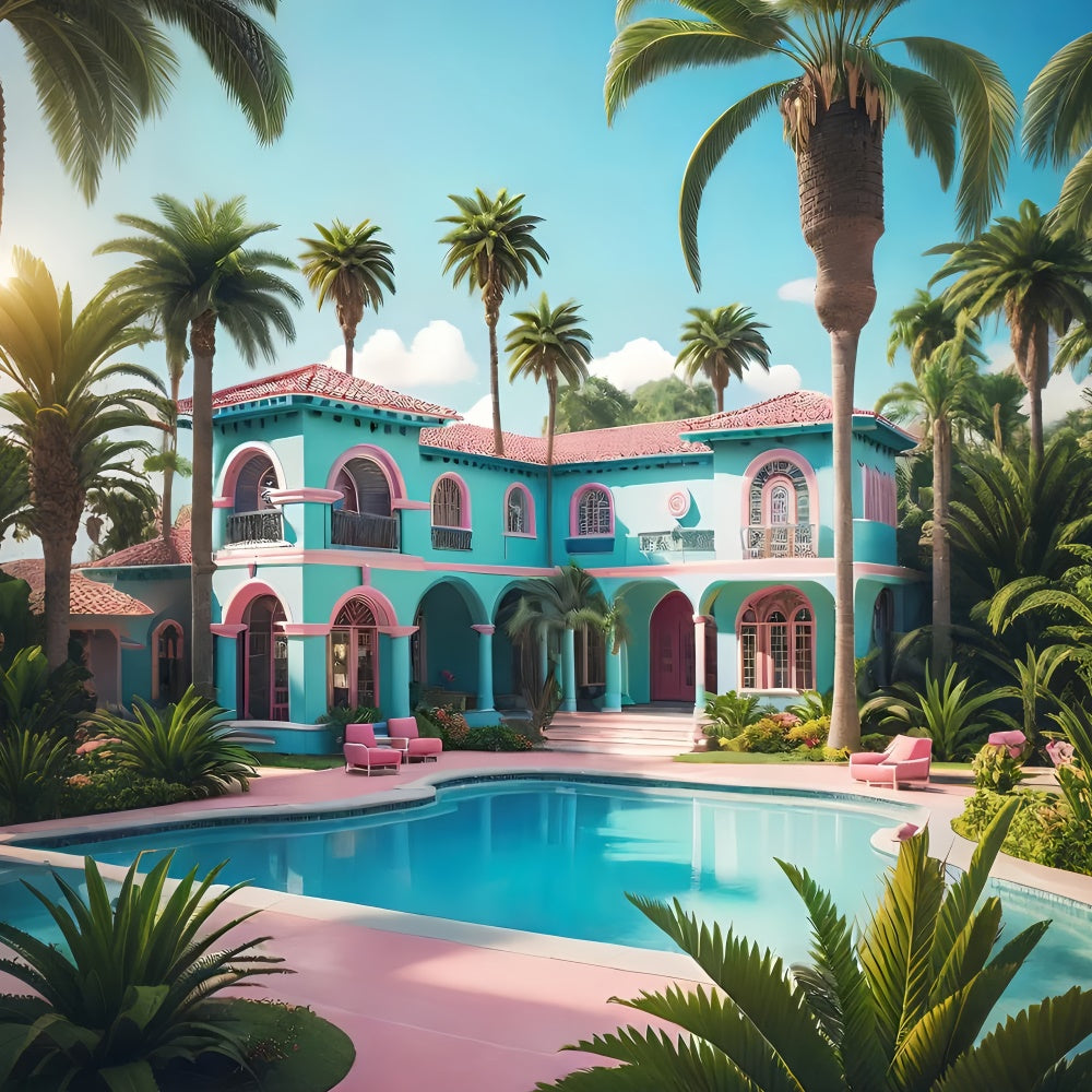 Summer Photo Backdrop Villa Palm Tree Pool Backdrop UK GTY3-297