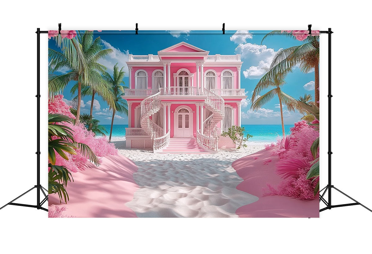 Pink Beach Backdrop Romantic Coastal Villa Summer Backdrop UK GTY3-302