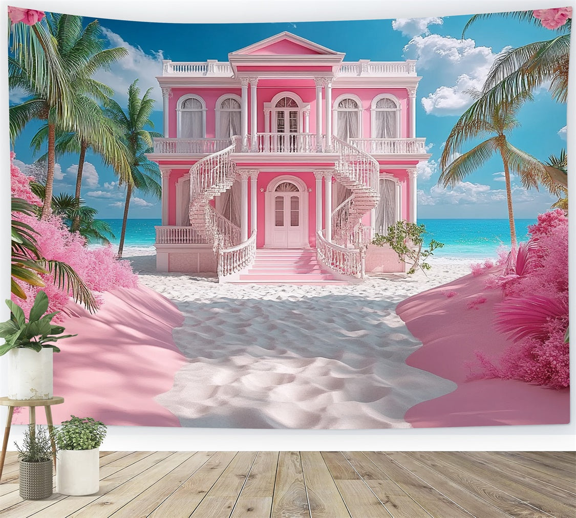 Pink Beach Backdrop Romantic Coastal Villa Summer Backdrop UK GTY3-302