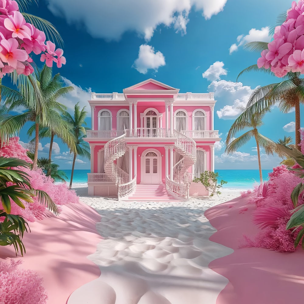 Pink Beach Backdrop Romantic Coastal Villa Summer Backdrop UK GTY3-302