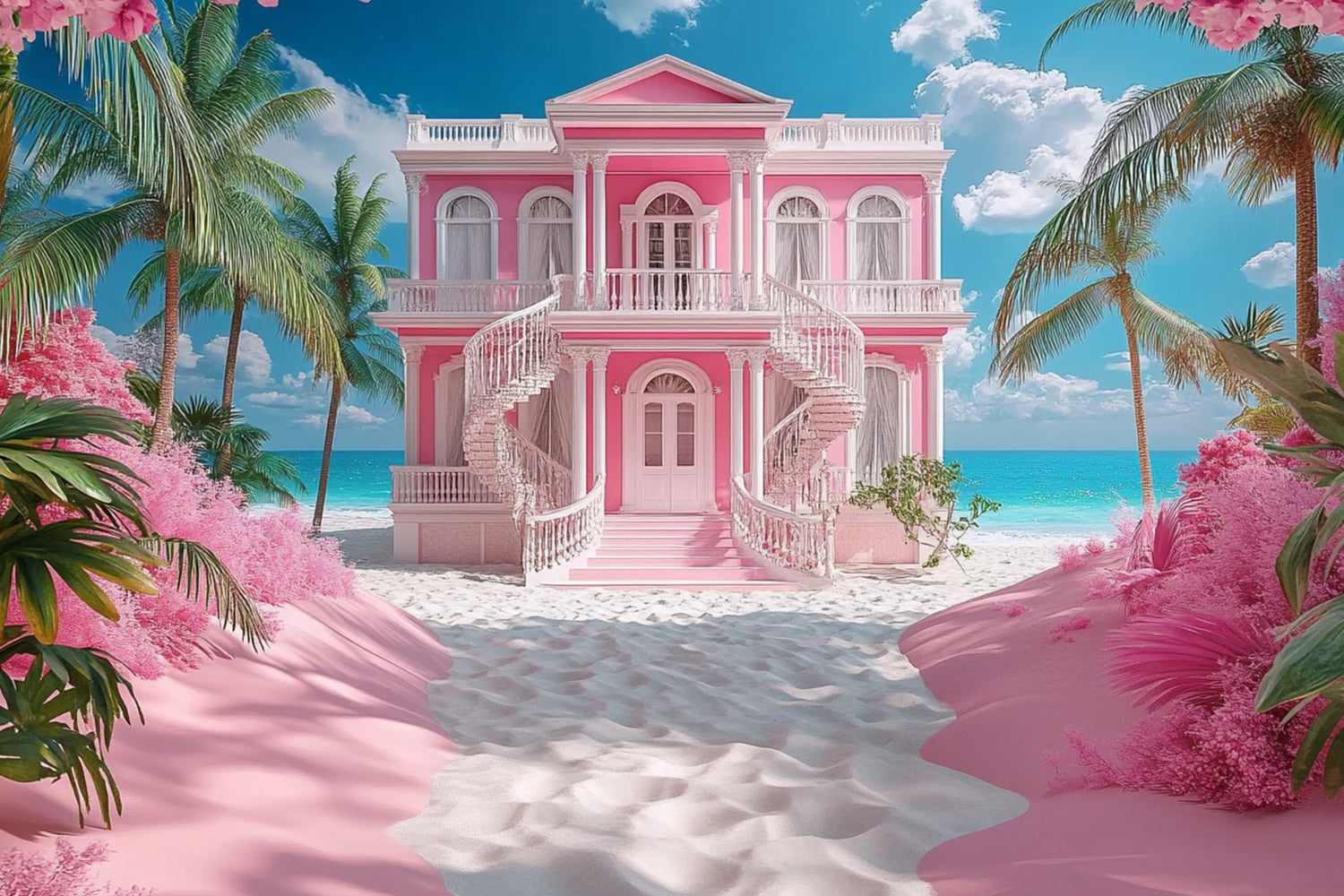 Pink Beach Backdrop Romantic Coastal Villa Summer Backdrop UK GTY3-302