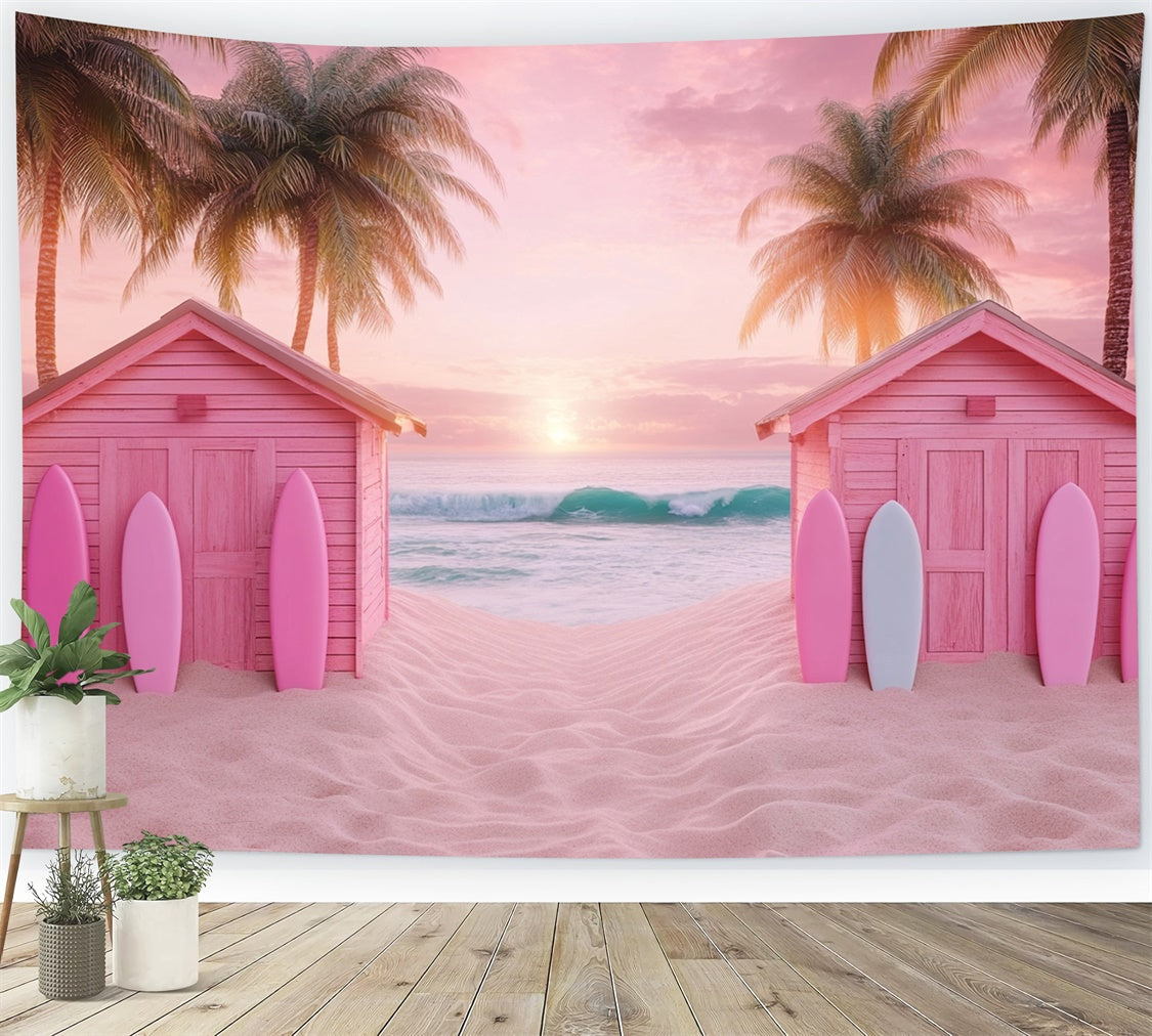 Pink Beach Backdrop Beach Cabins Sunset Summer Backdrop UK GTY3-303