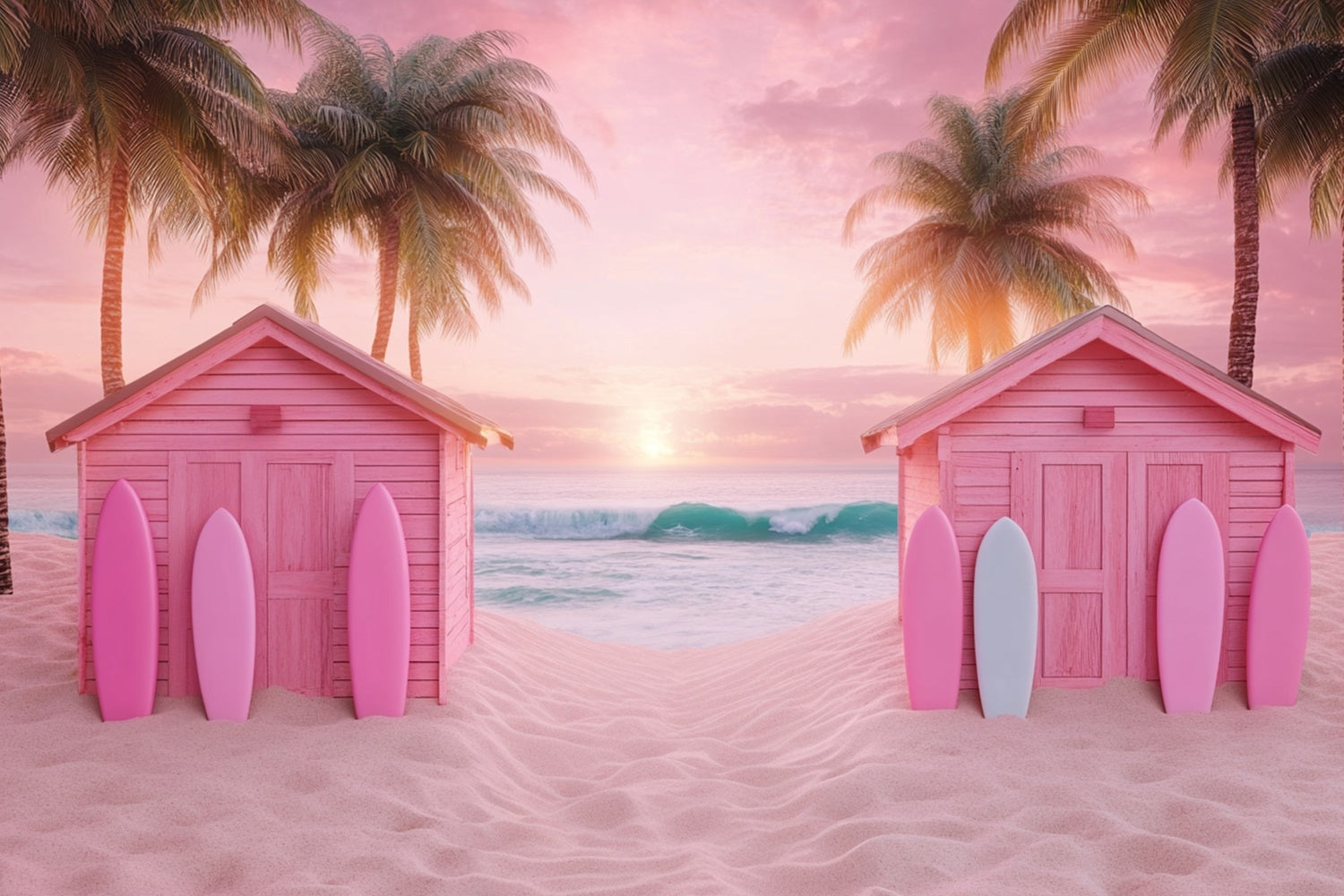 Pink Beach Backdrop Beach Cabins Sunset Summer Backdrop UK GTY3-303
