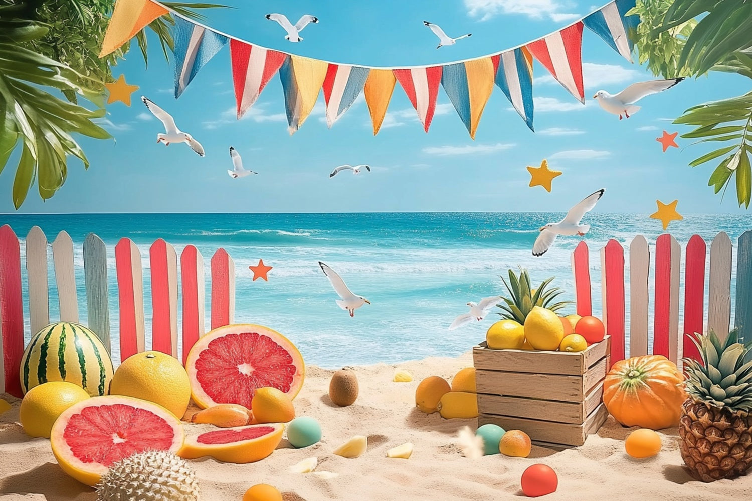 Beach Photo Backdrop Tropical Fruits Fence Summer Backdrop UK GTY3-305
