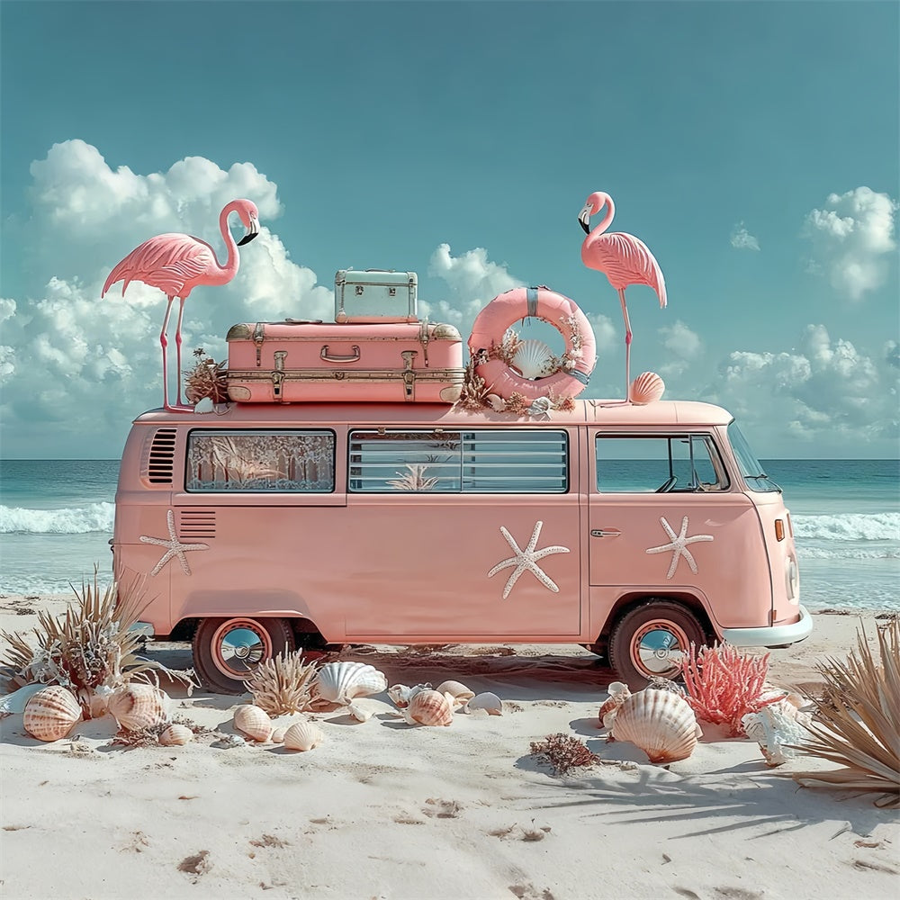 Tropical Backdrops Flamingo Beach Van Summer Backdrop UK GTY3-309
