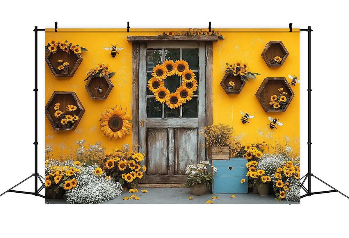 Sunflower Photo Backdrop Rustic Door Sunflower Summer Backdrop UK GTY3-311