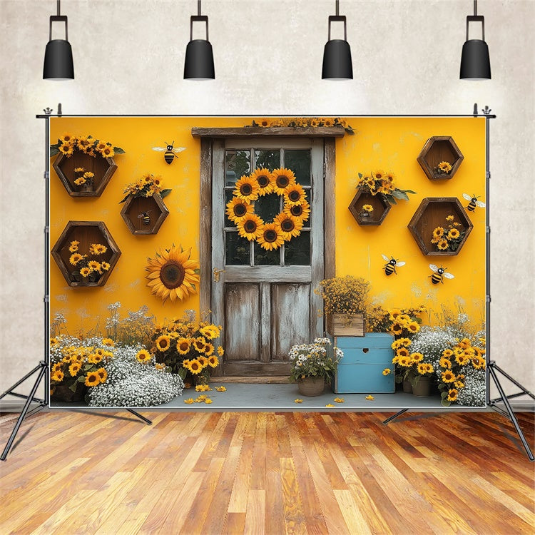 Sunflower Photo Backdrop Rustic Door Sunflower Summer Backdrop UK GTY3-311