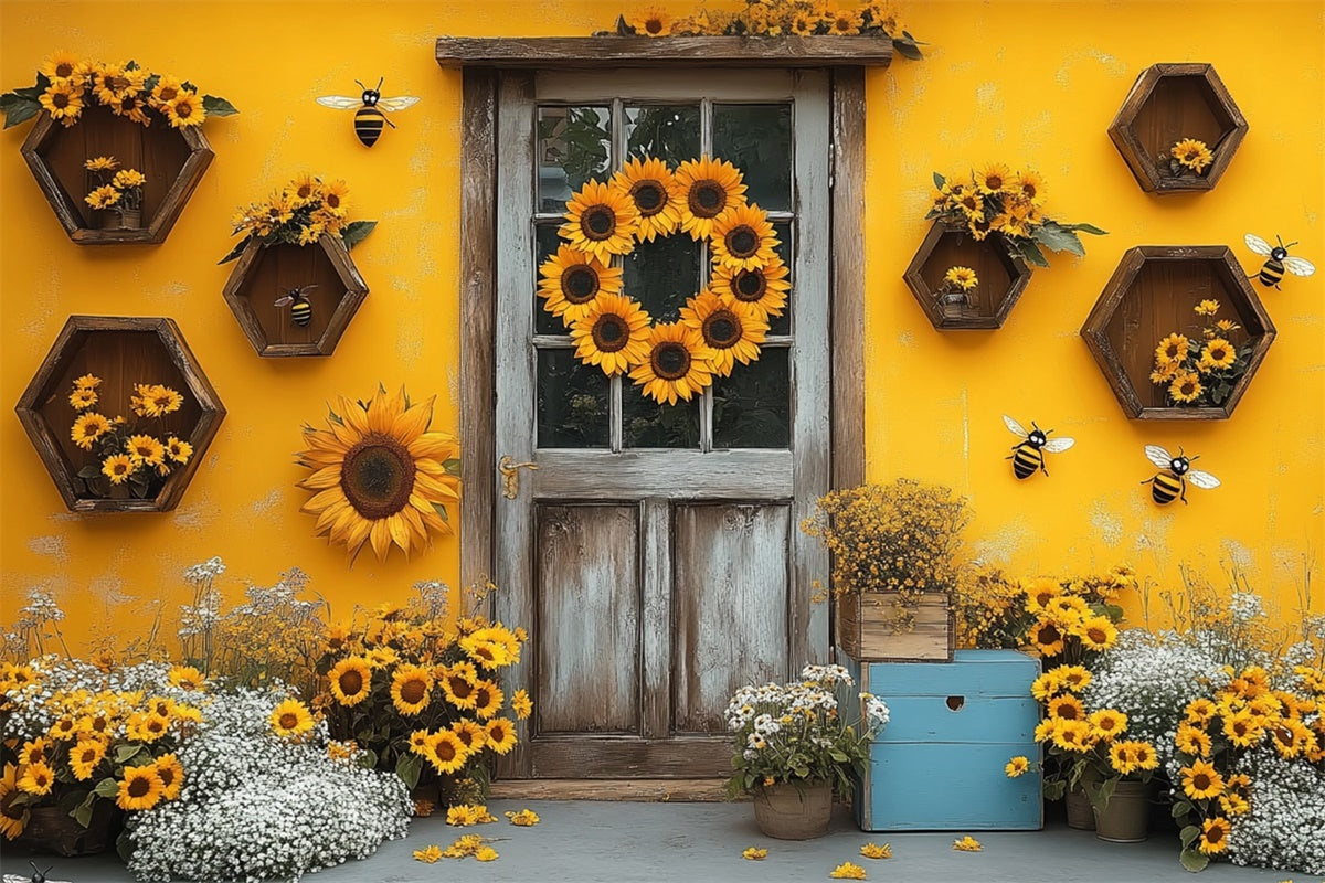 Sunflower Photo Backdrop Rustic Door Sunflower Summer Backdrop UK GTY3-311