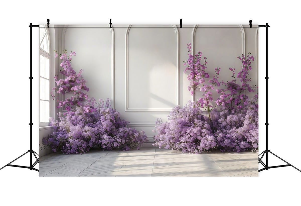 Purple Flowers Backdrop Graceful Purple Floral White Wall Backdrop UK GTY3-35