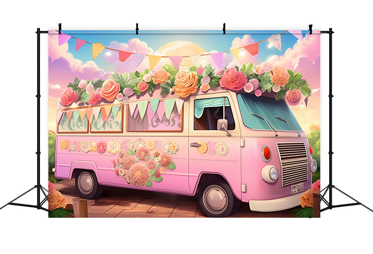 Summer Backdrops Pink Floral Van Summer Party Backdrop UK GTY3-376