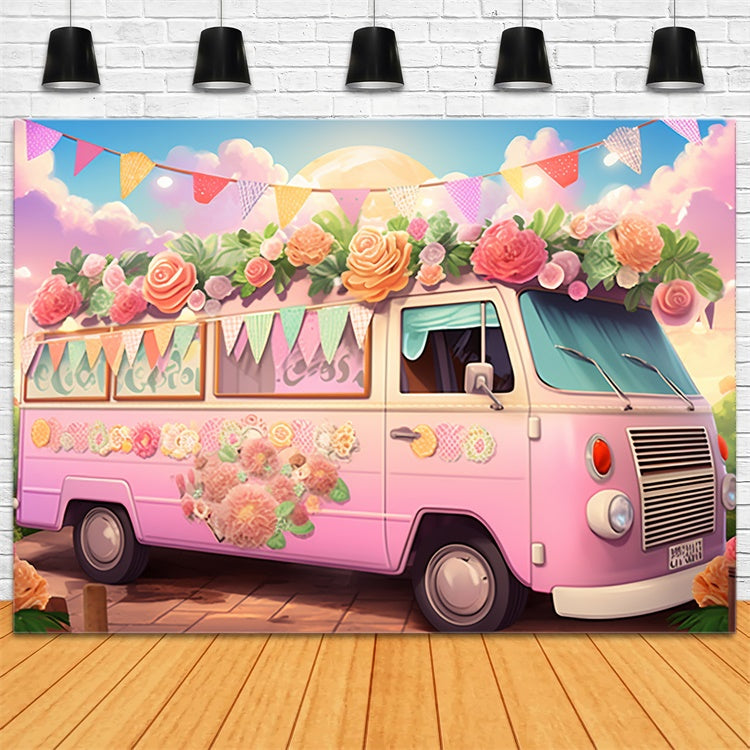 Summer Backdrops Pink Floral Van Summer Party Backdrop UK GTY3-376