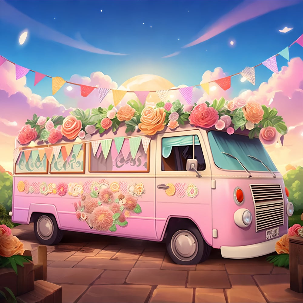 Summer Backdrops Pink Floral Van Summer Party Backdrop UK GTY3-376