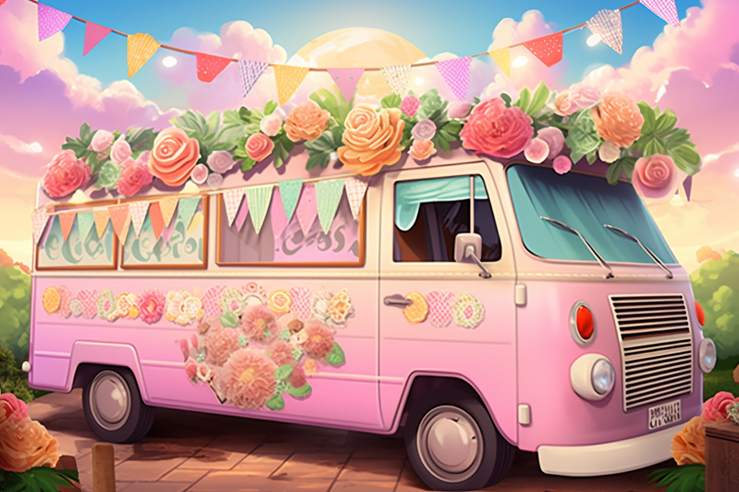 Summer Backdrops Pink Floral Van Summer Party Backdrop UK GTY3-376