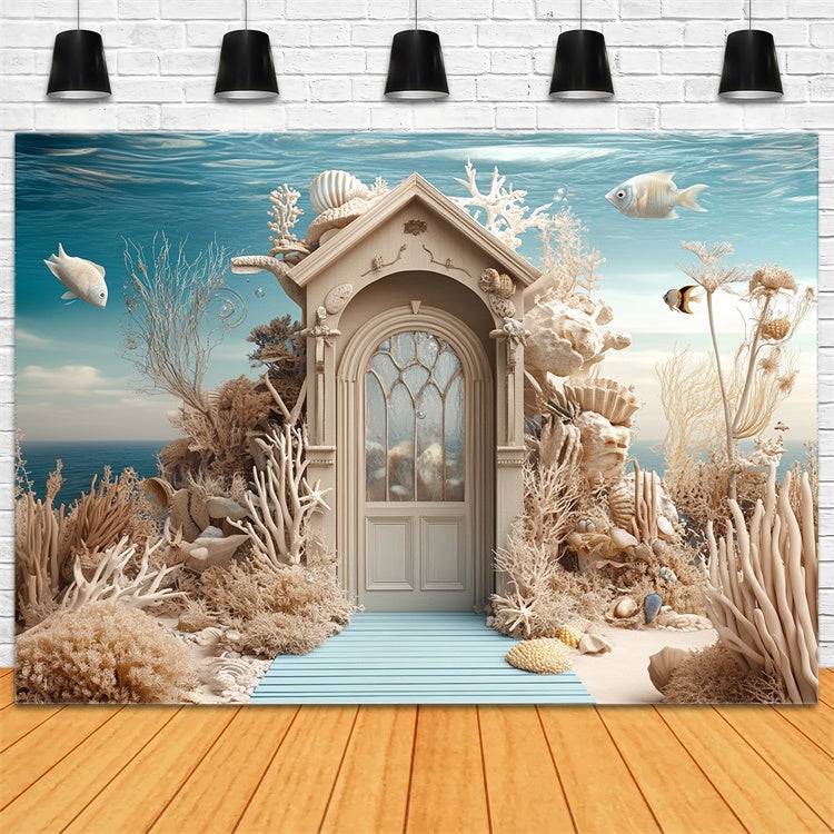 Summer Photo Backdrop Underwater Coral Castle Door Backdrop UK GTY3-377