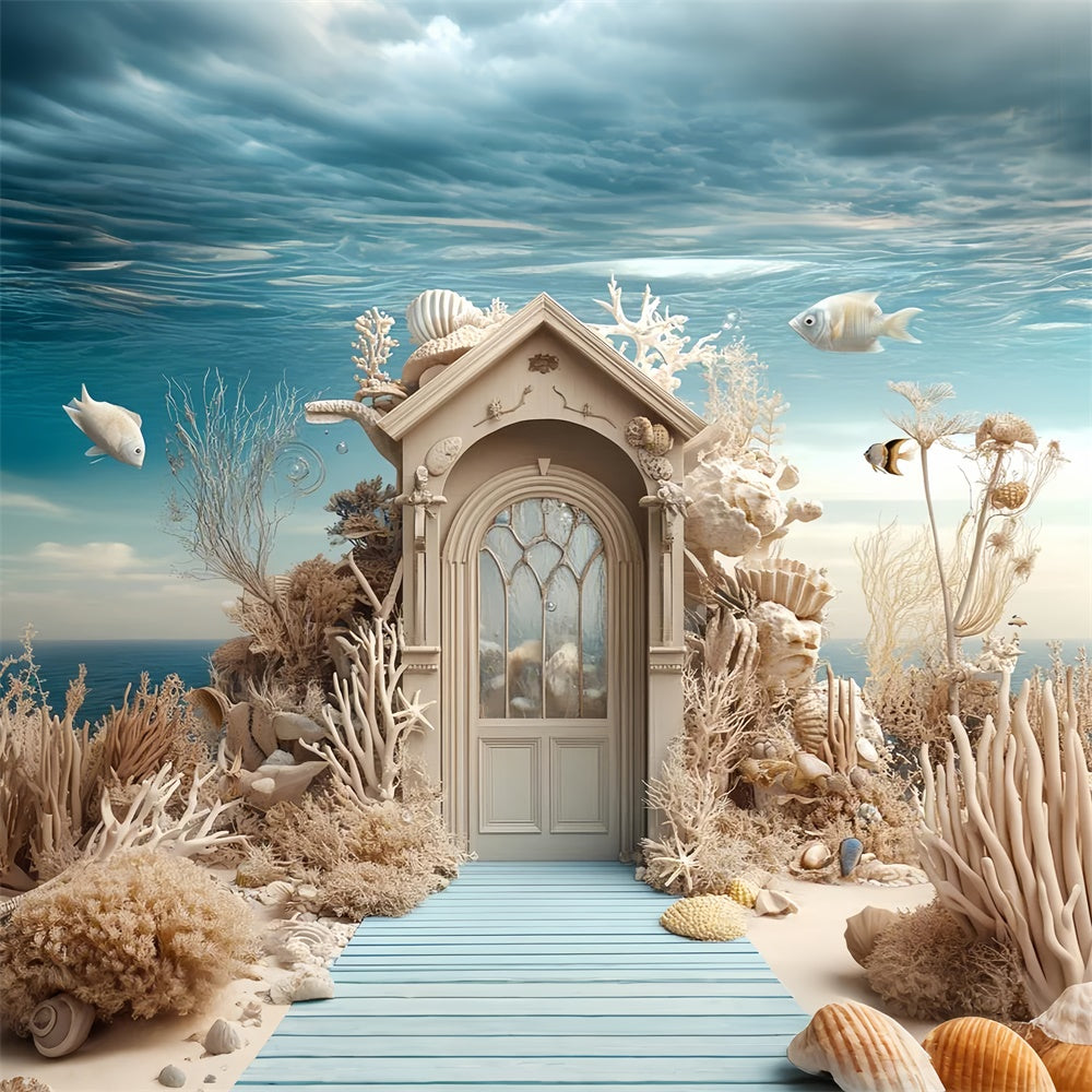 Summer Photo Backdrop Underwater Coral Castle Door Backdrop UK GTY3-377