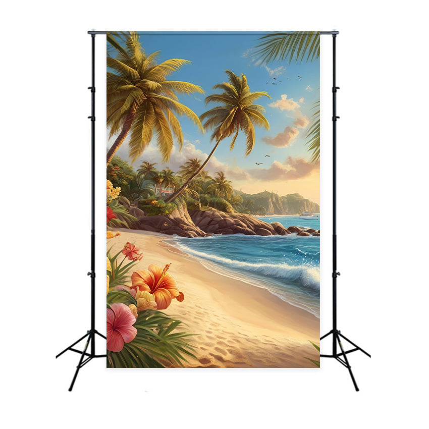 Photo Backdrop Beach Palm Tree Coastal Flowers Summer Backdrop UK GTY3-386