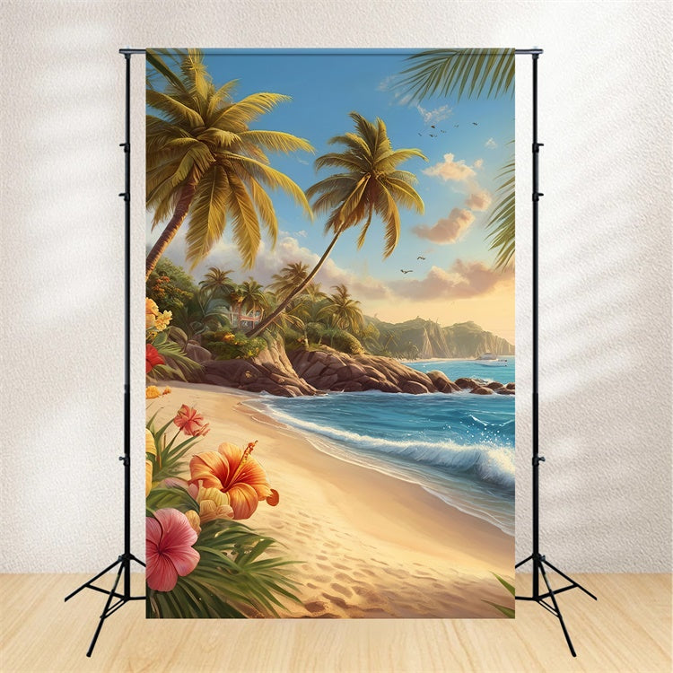 Photo Backdrop Beach Palm Tree Coastal Flowers Summer Backdrop UK GTY3-386