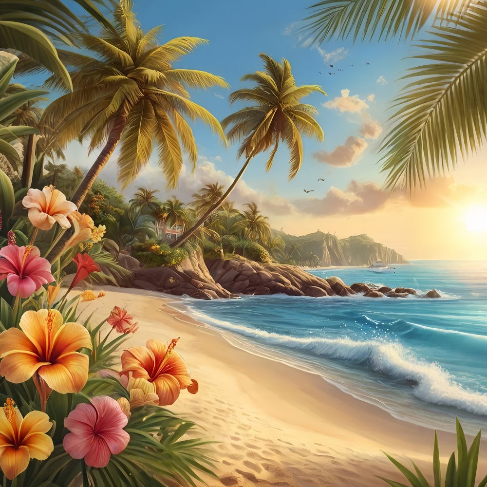Photo Backdrop Beach Palm Tree Coastal Flowers Summer Backdrop UK GTY3-386