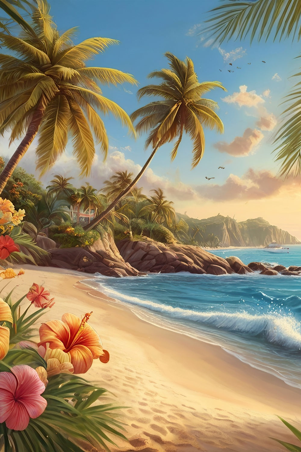 Photo Backdrop Beach Palm Tree Coastal Flowers Summer Backdrop UK GTY3-386