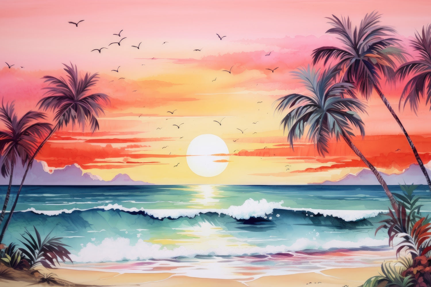 Beach Photo Backdrop Sunset Tree Ocean Wave Summer Backdrop UK GTY3-388