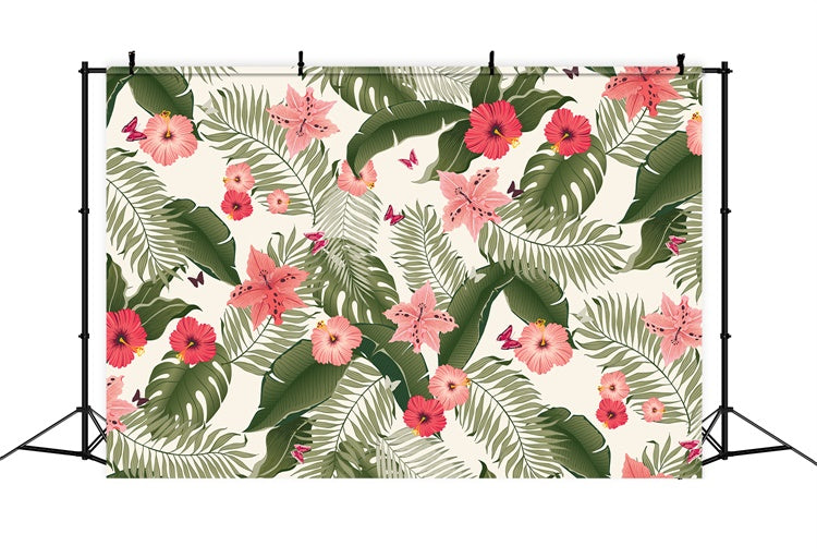 Tropical Photo Backdrop Tropical Leaves Pink Blooms Backdrop UK GTY3-393