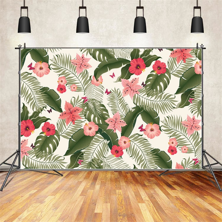 Tropical Photo Backdrop Tropical Leaves Pink Blooms Backdrop UK GTY3-393
