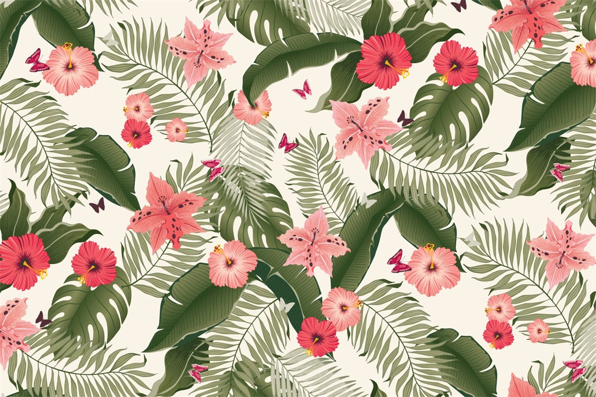 Tropical Photo Backdrop Tropical Leaves Pink Blooms Backdrop UK GTY3-393