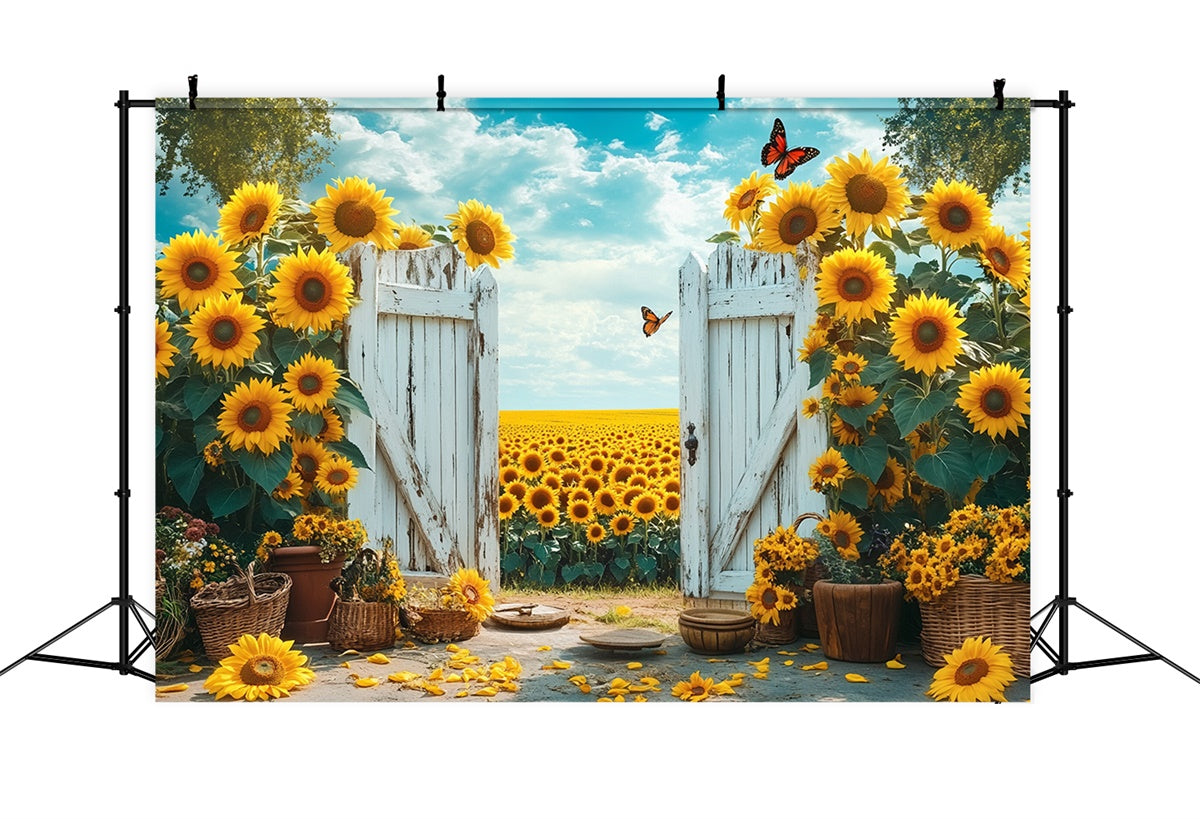 Sunflower Photo Backdrop Rustic Gate Sunflower Summer Backdrop UK GTY3-398