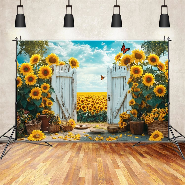 Sunflower Photo Backdrop Rustic Gate Sunflower Summer Backdrop UK GTY3-398