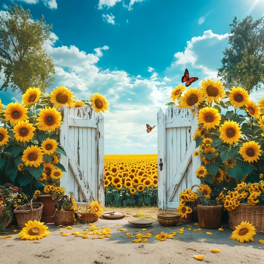 Sunflower Photo Backdrop Rustic Gate Sunflower Summer Backdrop UK GTY3-398
