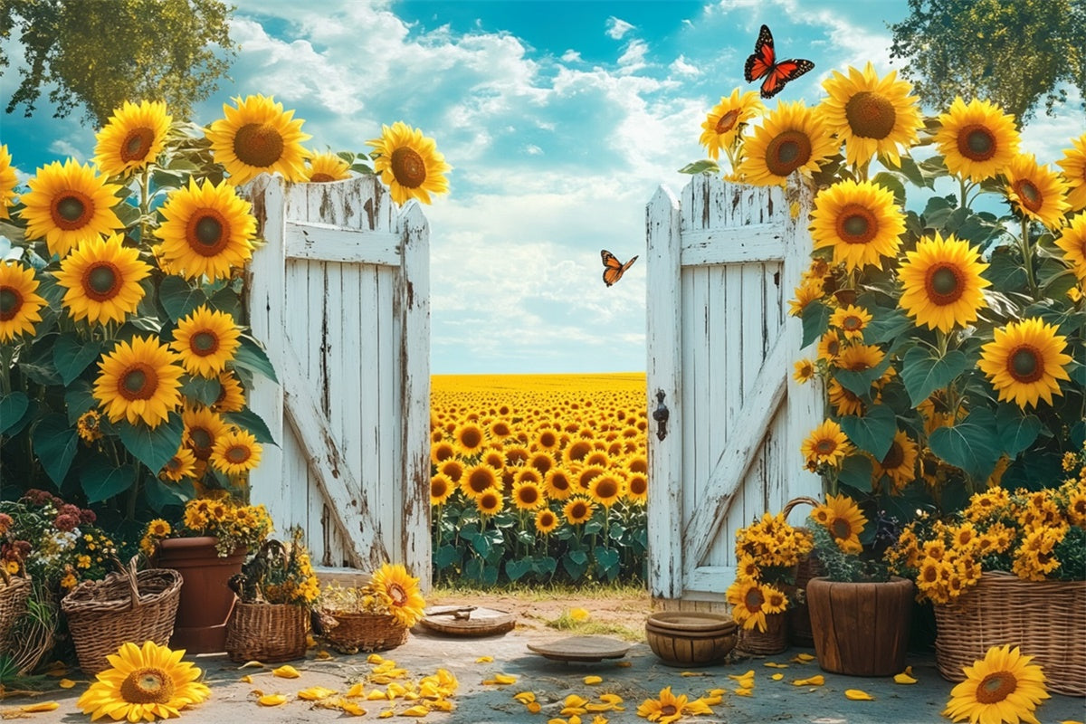 Sunflower Photo Backdrop Rustic Gate Sunflower Summer Backdrop UK GTY3-398