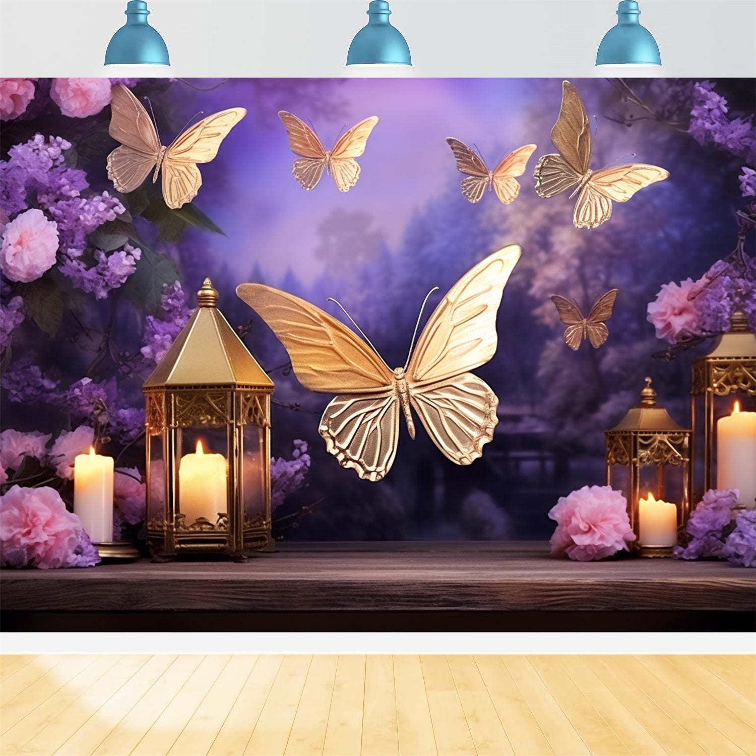 Summer Backdrop Golden Butterfly Lantern Twilight Backdrop UK GTY3-402
