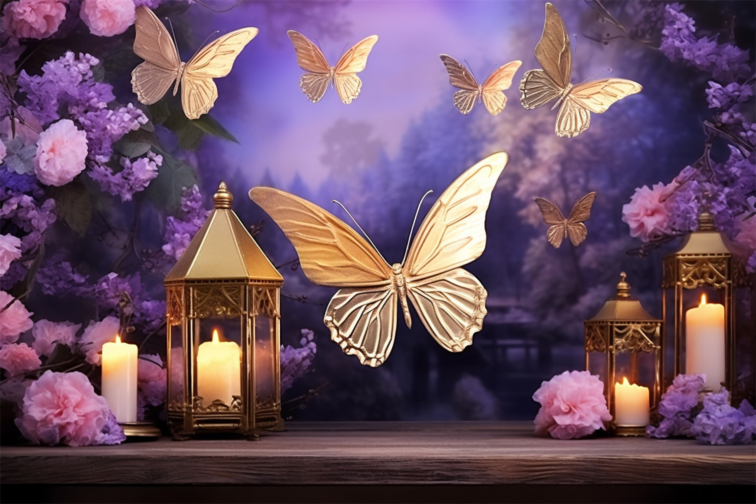 Summer Backdrop Golden Butterfly Lantern Twilight Backdrop UK GTY3-402