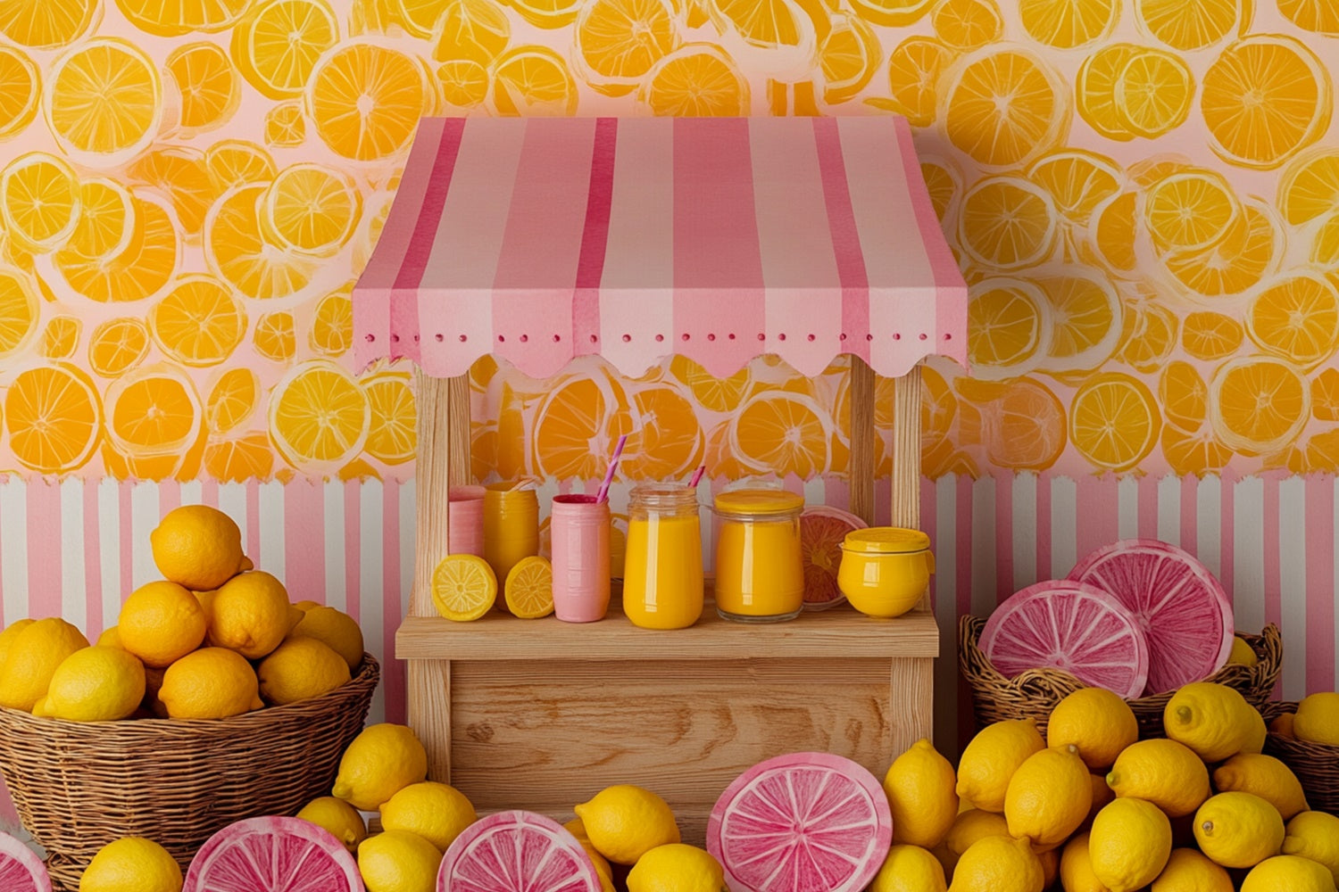 Lemon Backdrop Pink Striped Lemon Market Summer Backdrop UK GTY3-403